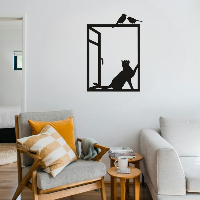 Cuadro de Gato y Pájaros en Ventana
