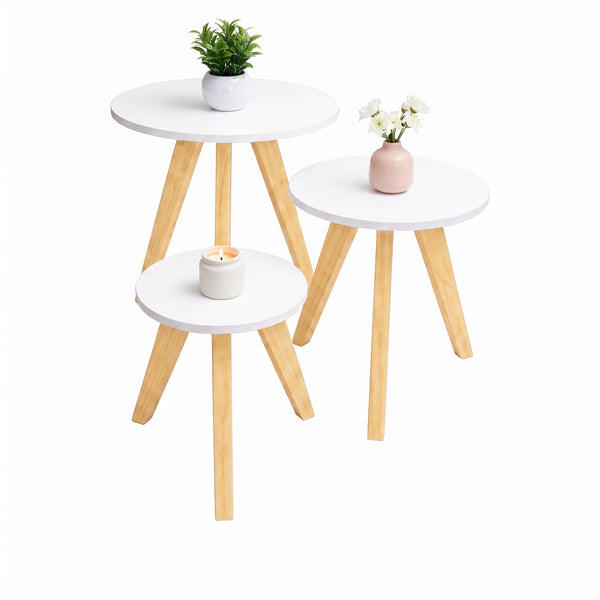 Mesa Auxiliar Nórdica Circular Blanco, Set x 3 (30, 40 y 50 cm): decorada