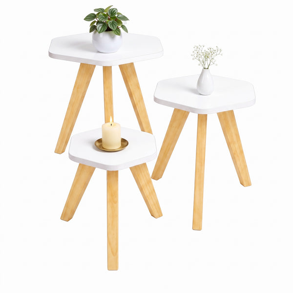 Mesa Auxiliar Nórdica Hexagonal Blanco, Set x 3 (30, 40 y 50 cm): decorada